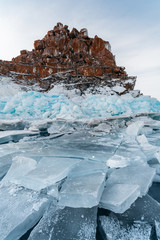 Fototapeta na wymiar Pieces of crystal clear ice on Baikal, Russia