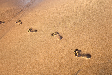 Fototapeta na wymiar beach, wave and footprints on tropical beach at sunset time