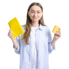 Woman housewife rag and cleaning sponge in hand on white background isolation