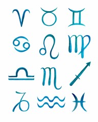 Watercolor zodiac set with 12 blue zodiac signs on a white background.  Illustration.