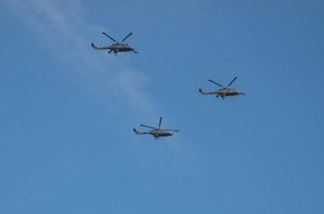 Fototapeta na wymiar Flying helicopters in the sky. 