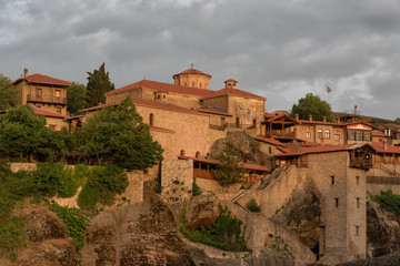 Great Meteoron Monastery. Beautiful scenic view, ancient traditional greek building on the top of huge stone pillar in Meteora, Eastern Orthodox Church, Pindos, Thessaly, Greece, Europe. 