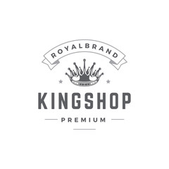 King crown emblem template with typography. Royal crown silhouette isolated on white background.