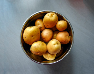 group of raw potatoes to be peeled in a metal bowl