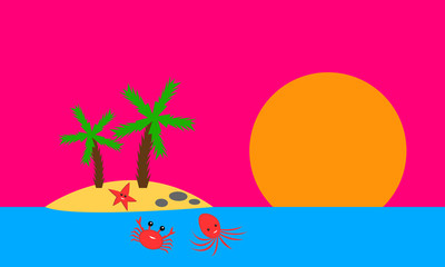 Fototapeta na wymiar sunset on the ocean a lonely island with palm trees and its cute inhabitants crab starfish and octopus