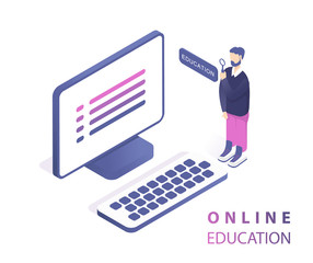Online education concept banner with characters. Flat isometric vector illustration isolated on white background. Web banner, infographics, hero images and mobile app.