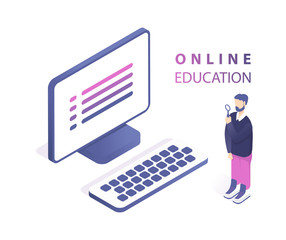 Online education concept banner with characters. Flat isometric vector illustration isolated on white background. Web banner, infographics, hero images and mobile app.