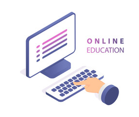 Online education concept banner with characters. Flat isometric vector illustration isolated on white background. Web banner, infographics, hero images and mobile app.