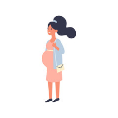 Young beautiful pregnant woman walking. Pregnancy vector illustration. Flat cartoon character design.