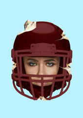 An alternative icecream and american football theme. Young beautiful woman in a bordo helmet as a creamy ice against blue background. Modern art collage. Negative space. Pop design.