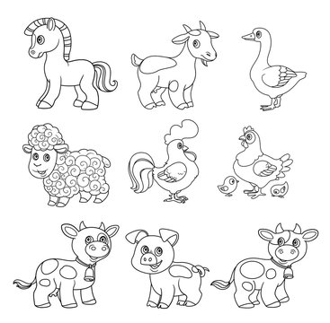 Cute cartoon farm animals set black outline on a white background for coloring page