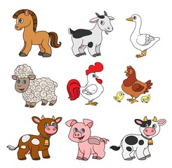 Cute cartoon farm animals set color with black outline on a white background