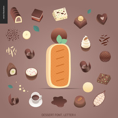 Dessert font - letter I - modern flat vector concept digital illustration of temptation font, sweet lettering. Caramel, toffee, biscuit, waffle, cookie, cream and chocolate letters