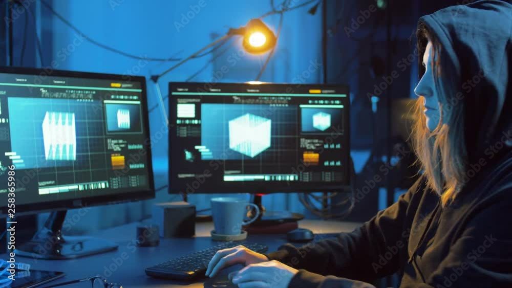 Poster cybercrime, hacking and technology concept - female hacker in dark room creating code or using compu