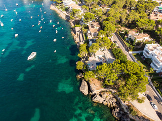 Aerial view, view of the bay of Santa Ponsa with sailing yachts, Santa Ponca, Mallorca, Balearic Islands, Spain