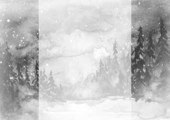 Watercolor painting, illustration, greeting card. fog Forest, suburban landscape, silhouettes of fir trees, pines, trees and bushes, the night sky with stars. Black, white color, monochrome.