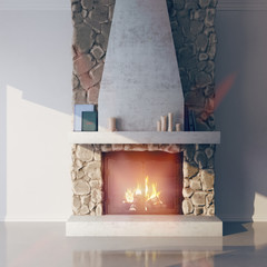 3d model of a fireplace made of stone. Fireside, chalet style in the interior.