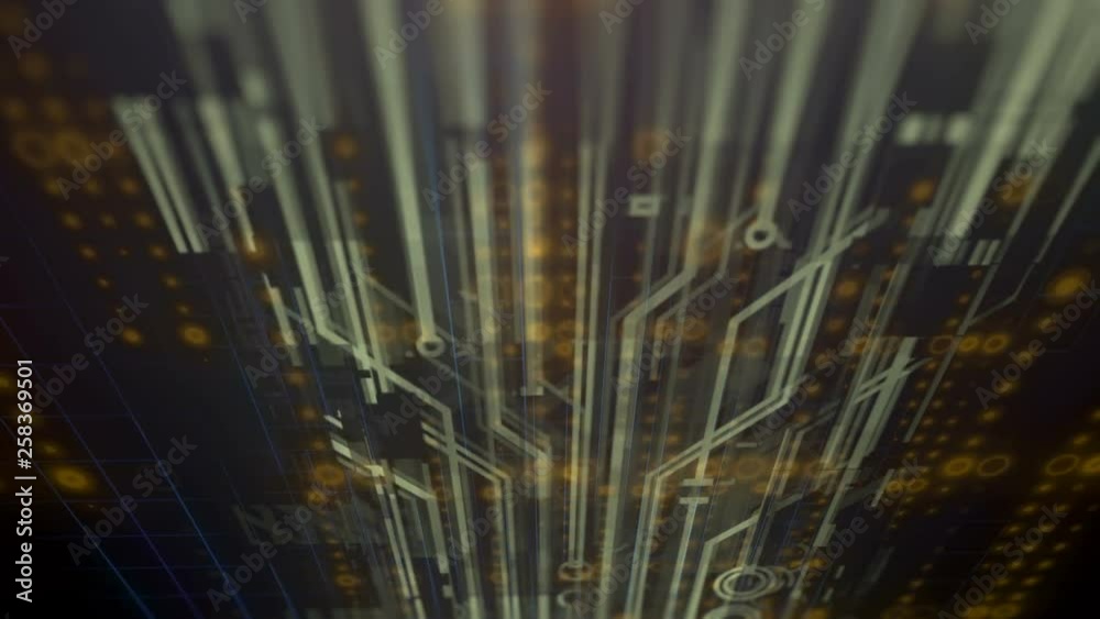 Aufkleber Computer generated high tech digital technology loop animation. Abstract background of different shapes with hight detailed elements. Geometry lines with dashes and glow. 3d rendering. 4k UHD video.