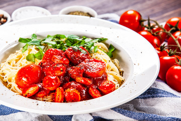 Pasta with tomato sauce and sausage