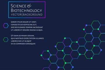 Modern background with hexagons, chemical bonds, molecules pattern. Medicine, science, biotechnology, pharmacology innovation concept. Place for text. Dark backdrop. Vector EPS 10 illustration..