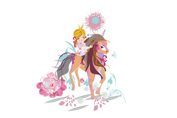 Obraz na płótnie Canvas Cartoon cute little girl with a bow and her magical friend unicorn. 