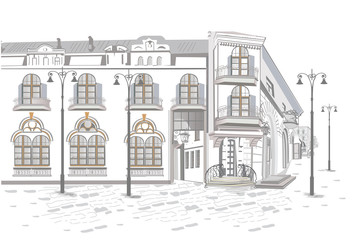Series of backgrounds decorated with flowers, old town views and street cafes.    Hand drawn vector architectural background. 