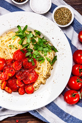 Pasta with tomato sauce and sausage