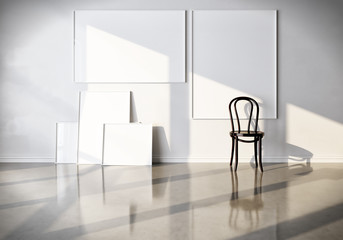 3d render Layout for advertisements, paintings and posters. White room with canvases and a chair. mockup - 258370706