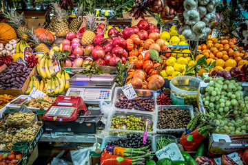 Fresh local fruits and vegetables at a Mercato Centrale market in Florence, Italy. It was opened in...