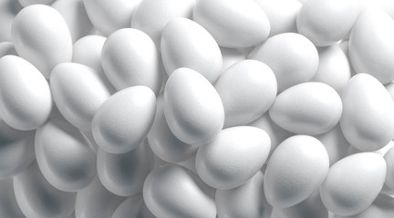Blank white easter egg stack mock up, depth of field, 3d rendering. Empty heap of chicken eggs...