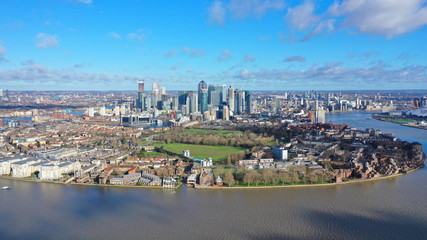 Aerial bird's eye view panoramic drone photo of Greenwich park with views to Canary Wharf and...