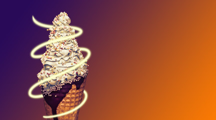 Ice cream cone on gradient background with neon pipe. Sophisticated and curled ice garnished with additives. Sweet dessert decorated with colorful sprinkles, closeup. Free copy space for advertisement