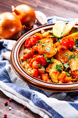 Roasted meat, groats and vegetables