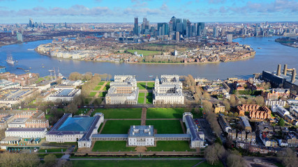 Aerial bird's eye view panoramic drone photo of Greenwich park with views to Canary Wharf and...
