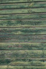 Macro texture of a wooden fence with cracked green paint.
