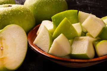 Ripe green apples on table close up
