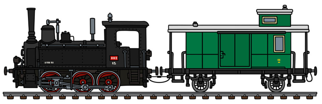 The vectorized hand drawing of a vintage black small steam locomotive with a green post wagon
