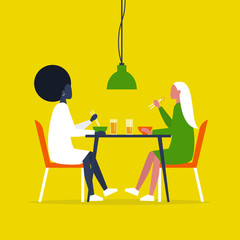 Young lesbian couple eating ramen with the chopstics. Date. Restaurant. Daily life. Flat editable vector illustration, clip art