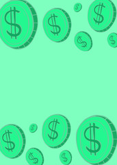 Cartoon style vector doodle illustration of green dollar coin frame. Great design for flyer, card, banner, poster. Drawing isolated on background. Money, business, economy, cash, currency