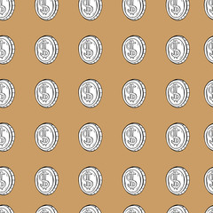 Cartoon style vector doodle illustration of white dollar coin pattern. Great design for flyer, card, banner, poster. Drawing isolated on brown background. Money, business, economy, cash, currency