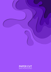 Paper cut background. Vertical banner with 3D wavy shapes layers. Abstract realistic paper design. Purple carving art. Vector design layout for flyers, posters, invitations.