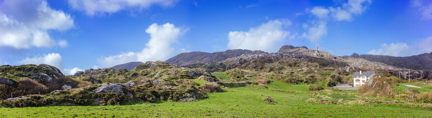 Panoramic landscape with an ancient copper mine in Allihies in spring