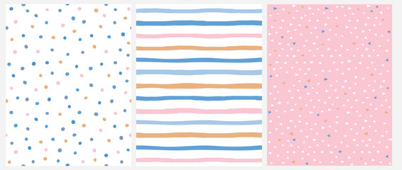 Cute Pastel Color Geometric Seamless Vector Patterns.Pink, Blue and Yellow Polka Dots and Vertical Stripes on a White Background. Tiny Triangles on a Pink. Lovely  Infantile Repeatable Design. 