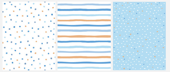 Cute Pastel Color Geometric Seamless Vector Patterns. Blue and Yellow Polka Dots and Vertical Stripes on a White Background. Tiny Triangles on a Blue Layout. Childish Endless Texture.