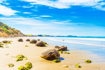 Moeraki boulders on Koyokokha beach in the Otago region, New Zealand. Copy space for text. © ggfoto