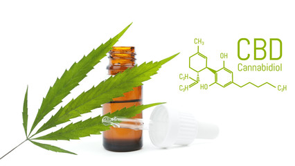 Dropper with CBD oil. Cannabis cbd bottle isolated. Hemp leaf. Medical marijuana concept