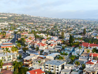 Aerial view of San Clemente beach and coastline before sunset time . San Clemente city in Orange County, California, USA. Travel destination in the South West Coast. Famous beach for surfer.