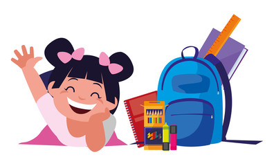 happy little schoolgirl with schoolbag and supplies