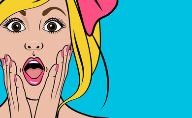 Pop art poster. Surprised woman. Omg female face. Vector illustration.