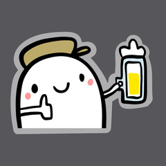Cute marshmallow drinking beer hand drawn sticker illustration in cartoon style